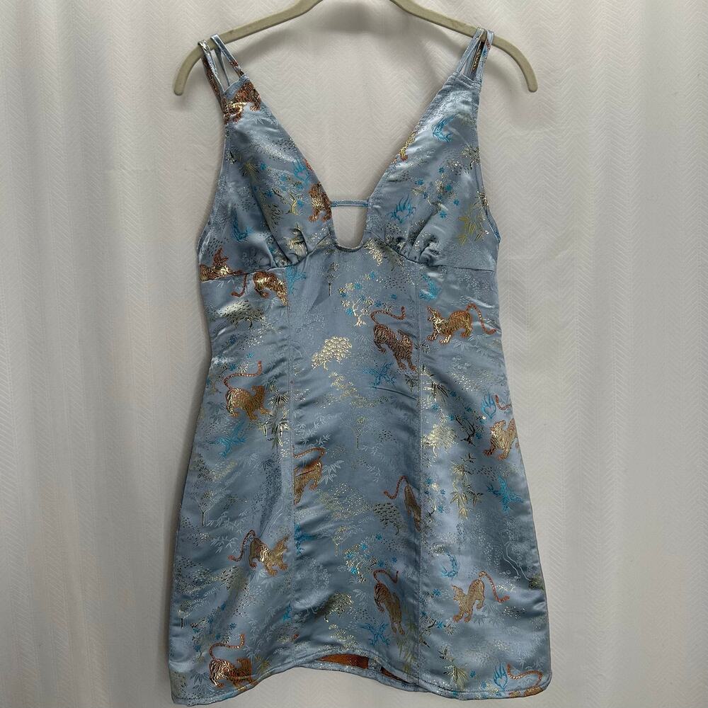 Urban Outfitters blue satin mini dress Asian print small sleeveless animal club